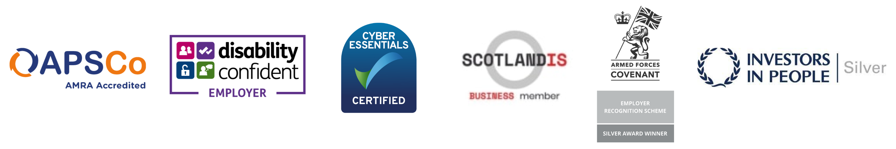 Collage of logo images of some of our memberships and accreditations. Logos against white background banner: APSCO AMRA Accredited; Disability Confident Employer; Cyber Essentials Certified; SCOTLANDIS Business Member; Armed Fored Covenant; Investors in People | Silver