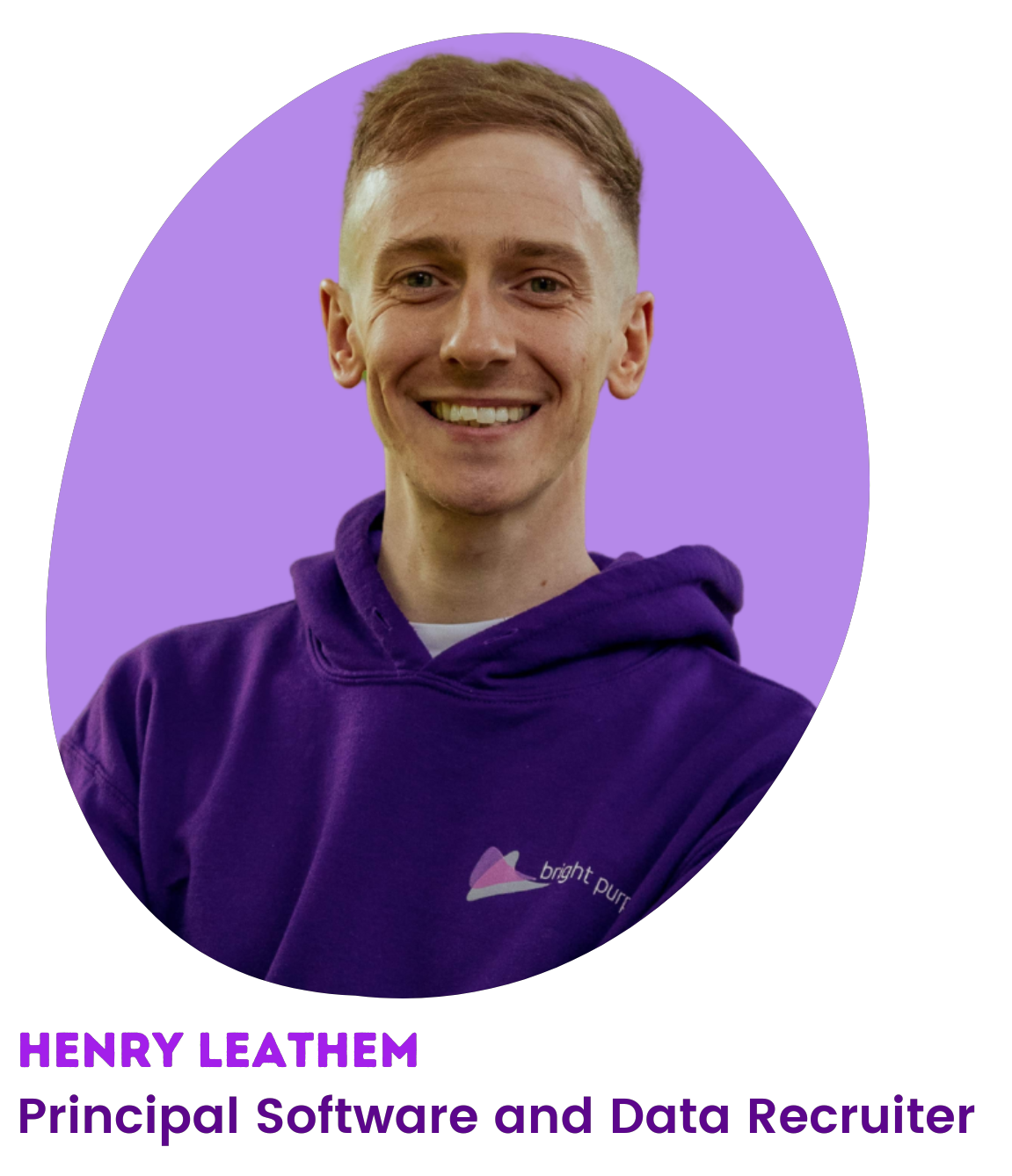 Photo of Henry wearing a Bright Purple branded hoodie. Standing against a light purple background.