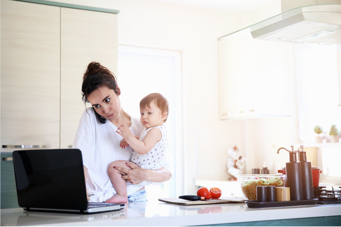 Women working from home with baby, Bright PUrple